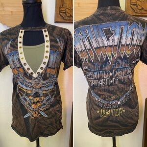 Affliction American Metal Women's XS Top T-Shirt Deep Cut V Neck Front Grommets